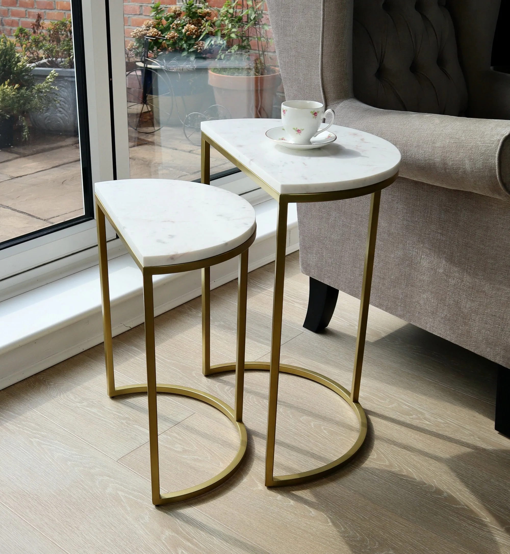Luxore Half Moon Nest Of 2 Tables, White Marble