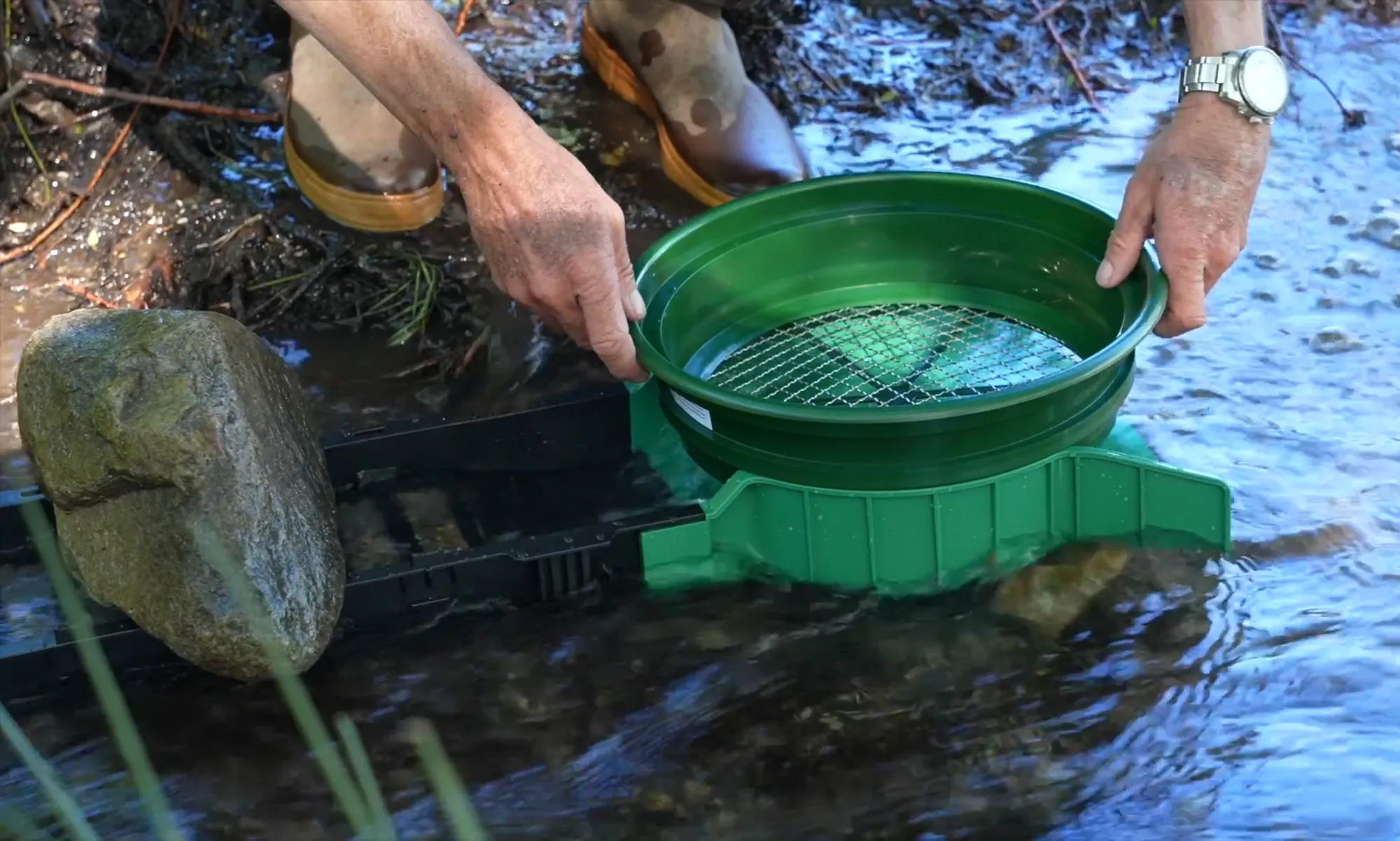 Sluice Fox 36 inch portable sluice box for gold prospecting; Gold classifier mount at sluice box header.  Backpack sluice box with pay dirt bucket sifter