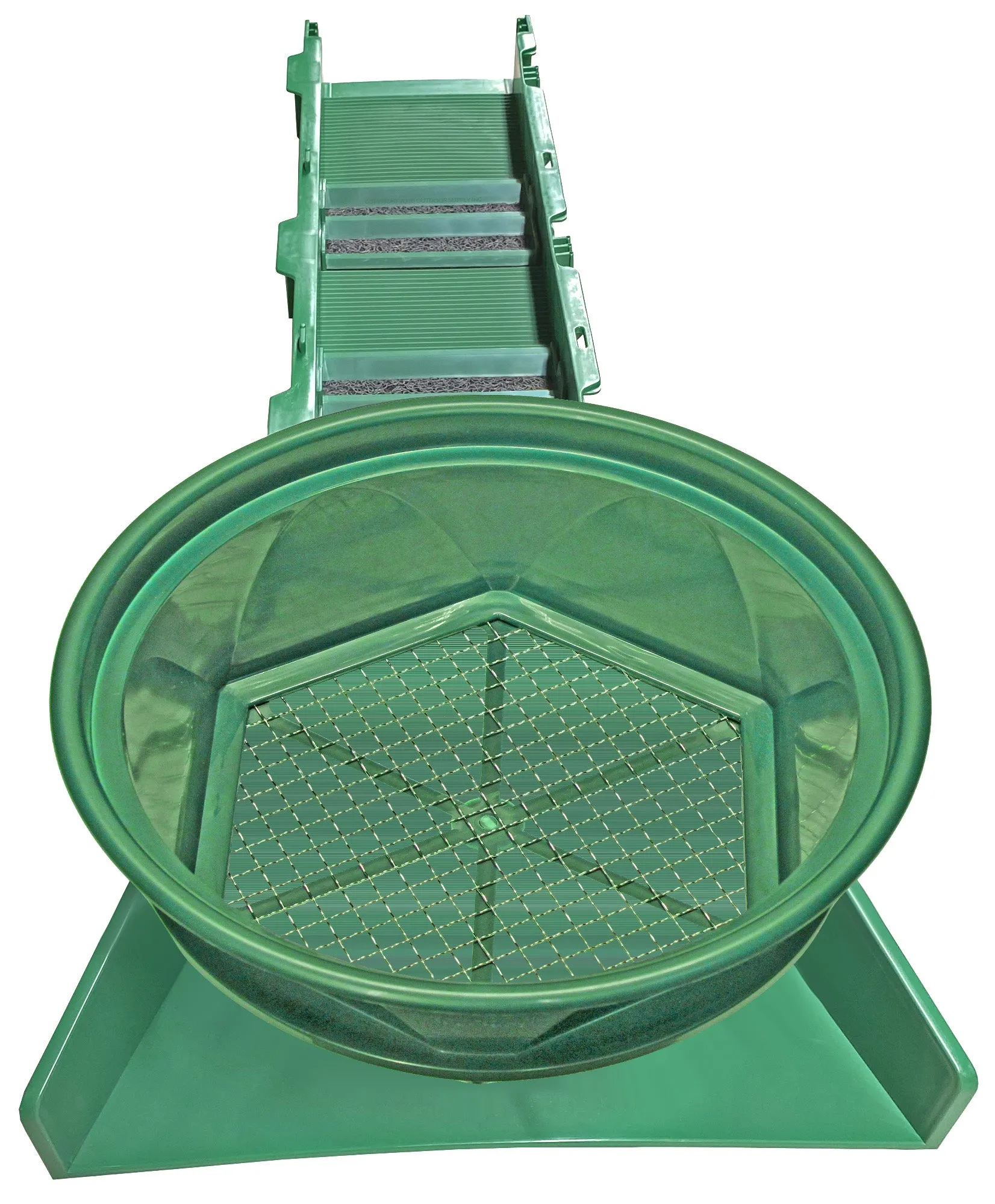 Sluice Fox 36 inch portable sluice box for gold prospecting; Gold classifier mount at sluice box header.  Backpack sluice box with pay dirt bucket sifter