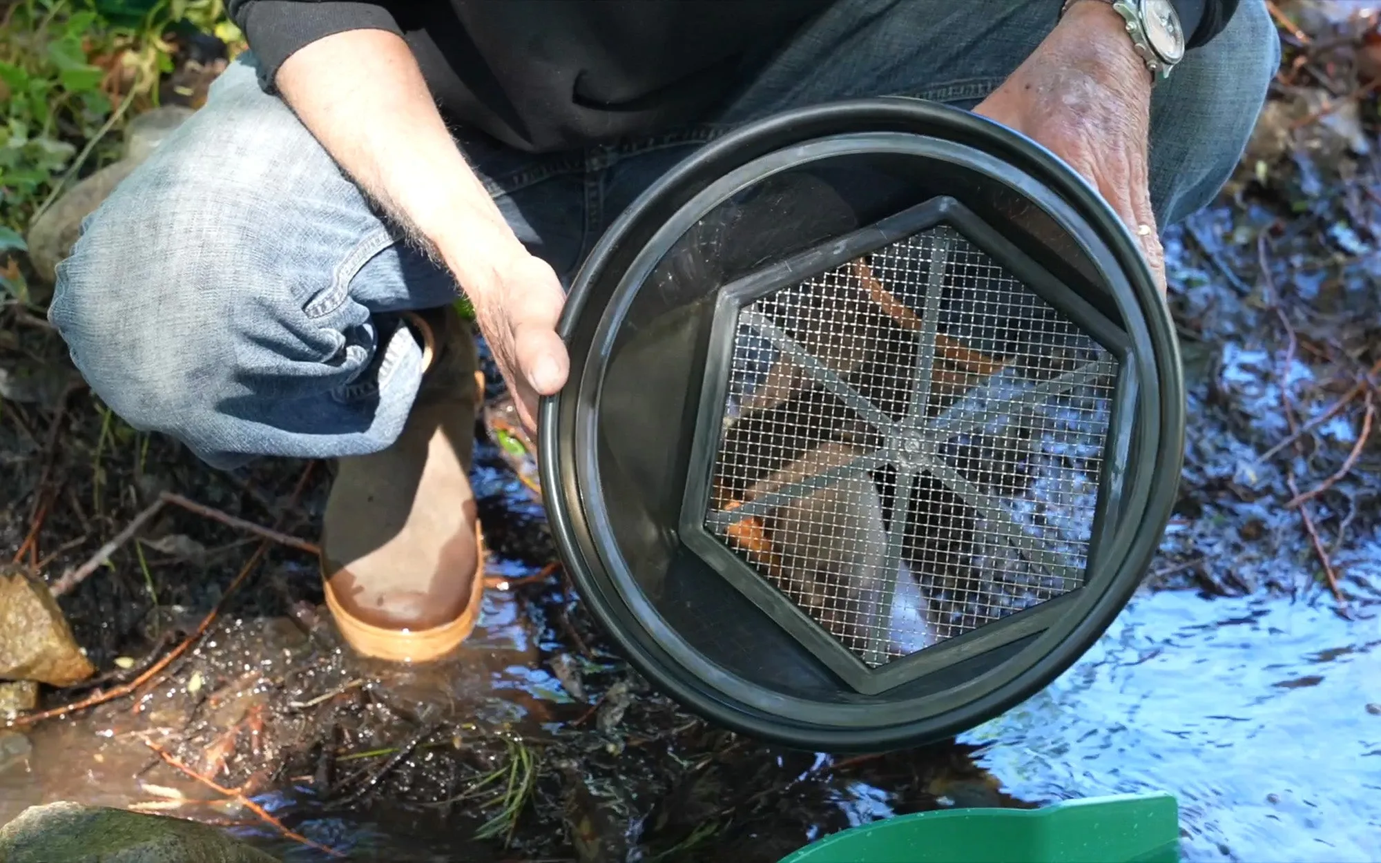 Sluice Fox 36 inch portable sluice box for gold prospecting; Gold classifier mount at sluice box header.  Backpack sluice box with pay dirt bucket sifter