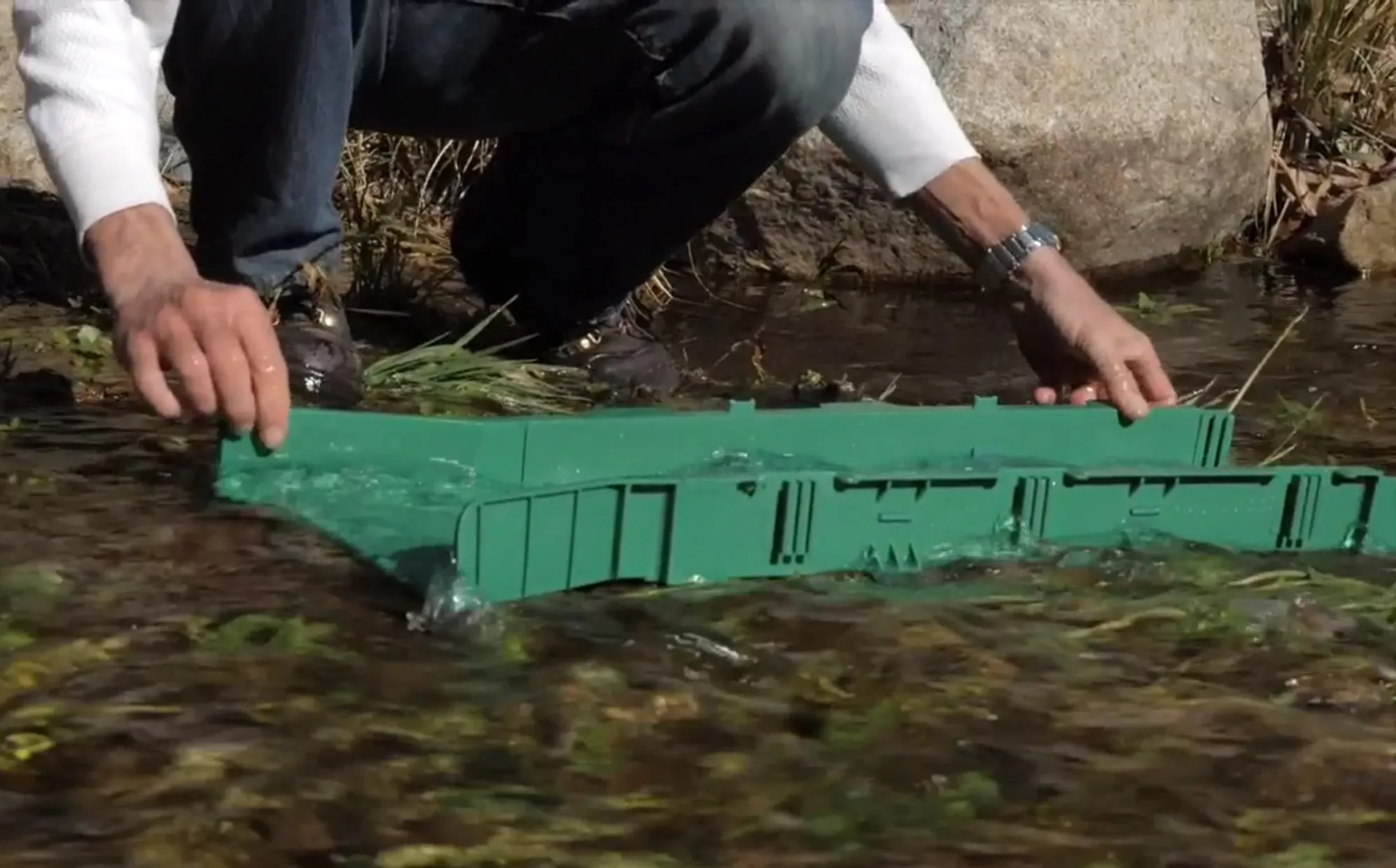 Sluice Fox 36 inch portable sluice box for gold prospecting; Gold classifier mount at sluice box header.  Backpack sluice box with pay dirt bucket sifter