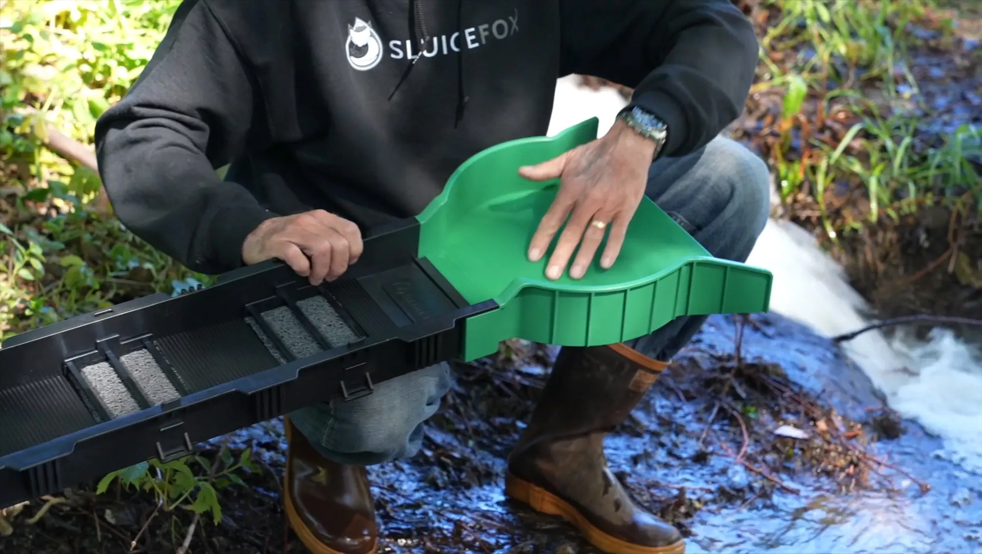 Sluice Fox 36 inch portable sluice box for gold prospecting; Gold classifier mount at sluice box header.  Backpack sluice box with pay dirt bucket sifter