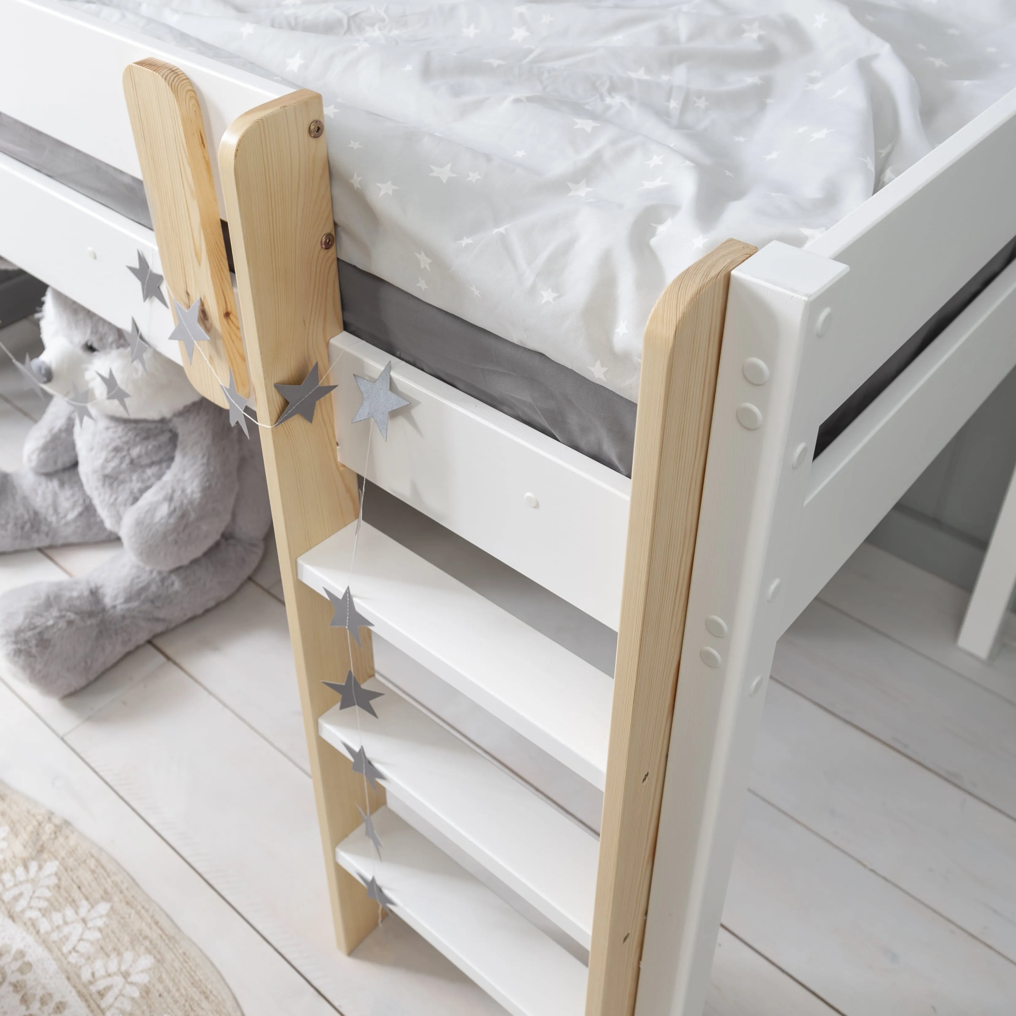 Una Midsleeper Cabin Bed with Moro Desk in Classic White