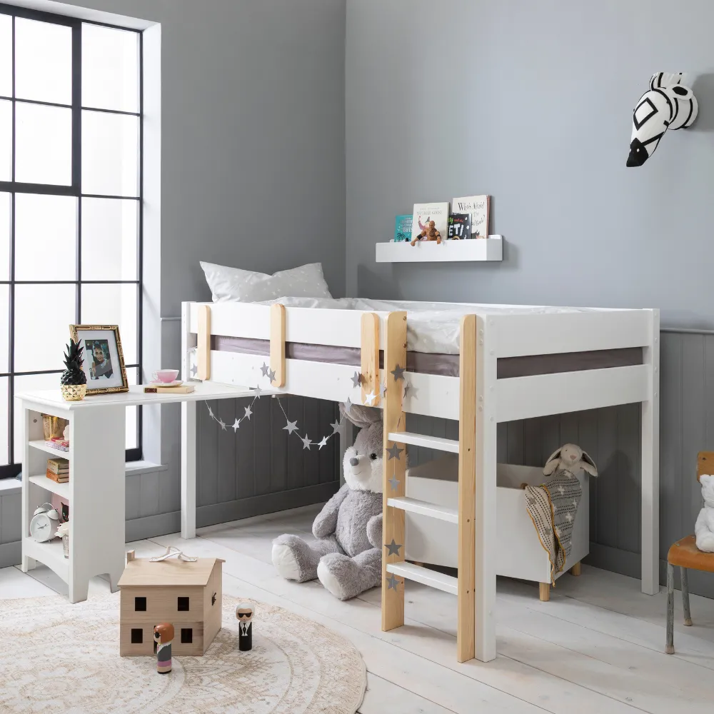 Una Midsleeper Cabin Bed with Moro Desk in Classic White
