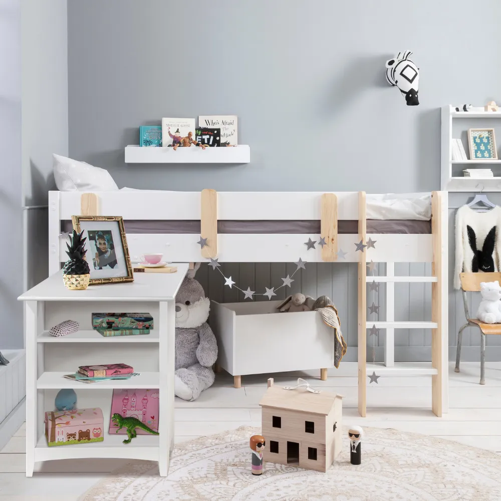 Una Midsleeper Cabin Bed with Moro Desk in Classic White