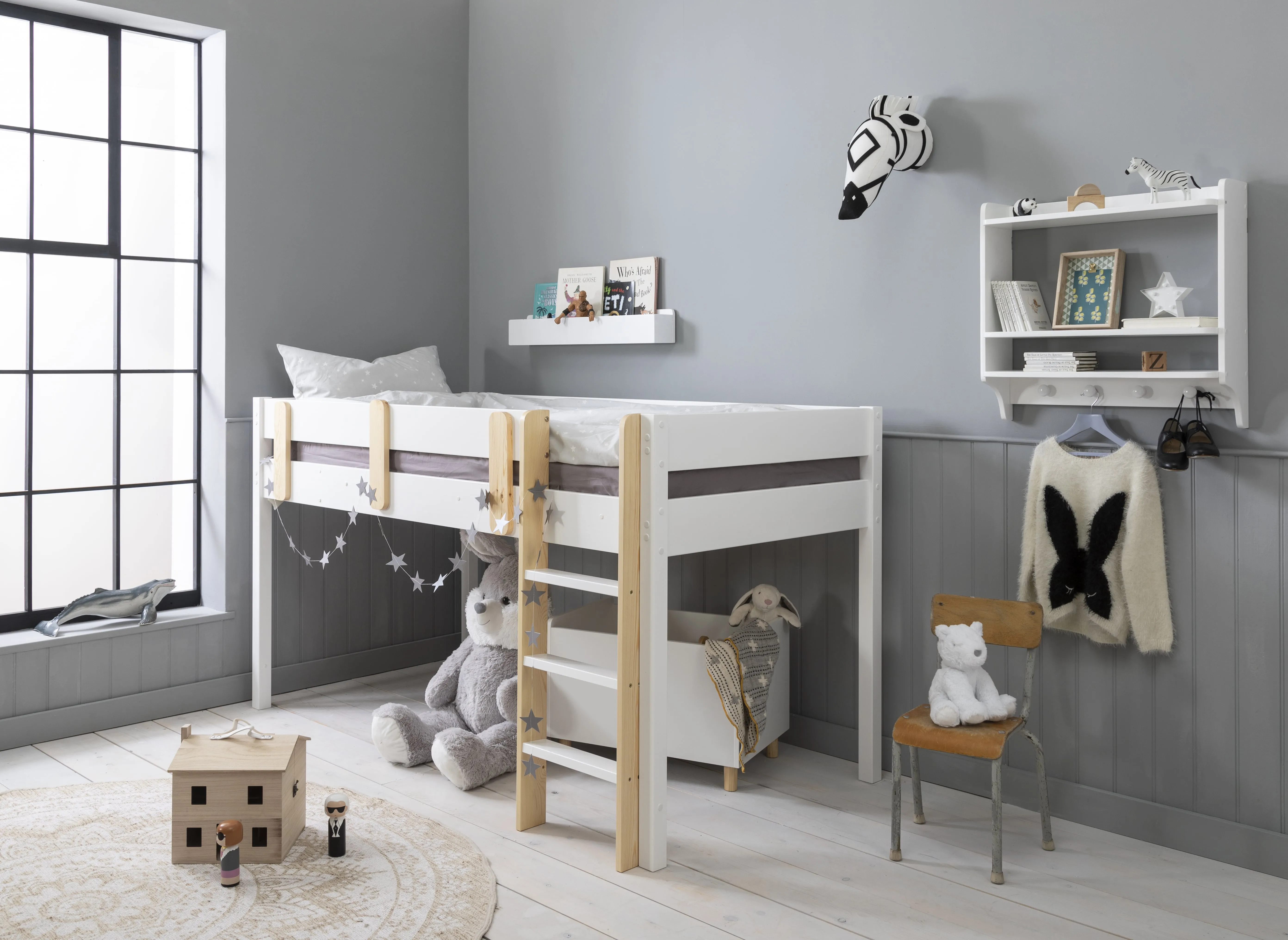 Una Midsleeper Cabin Bed with Moro Desk in Classic White